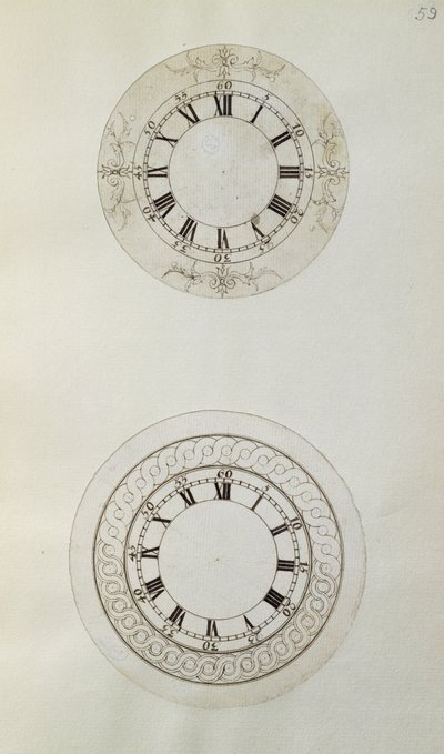John Harrison (1693-1776) ve oğlu William (c.1726-72) tarafından derlenen mekanik notlar ve çizimlerden büyük emaye saat kadranları için iki tasarım (kağıt üzerine kalem ve mürekkep) by Unbekannt
