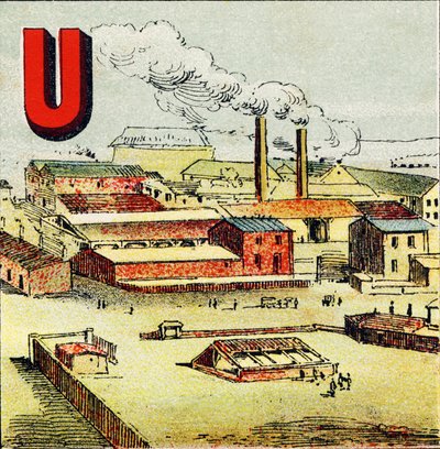U: Fabrika. Bir fabrika, çok sayıda makinenin bulunduğu devasa bir fabrikadır; Le Creusot