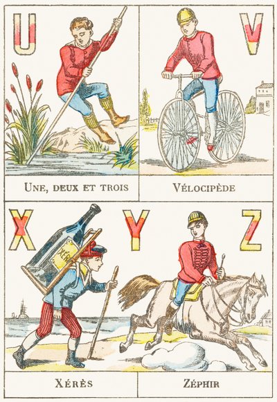 UVXYZ; U: Bir, iki ve üç; V: Velocipede; X: şeri; Z: Zephir - Oyunlar Alfabesi, c.1890 (gravür) by Unbekannt