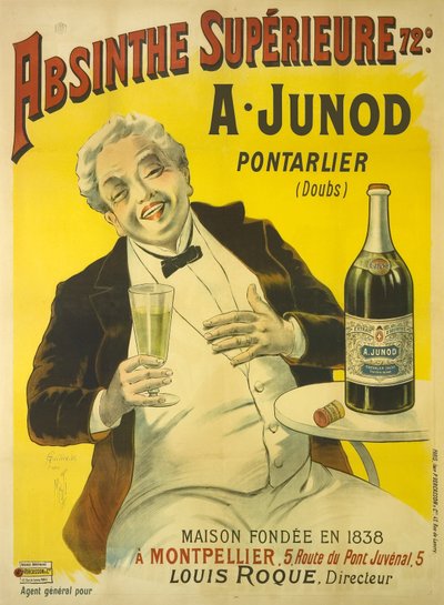 Bistro terasında oturan bir adam bir bardak absinthe içerken kahkahayı patlatıyor. by Unbekannt