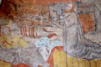 Vault de Lugny kilisesi. 16. yüzyıl duvar resmi. Mesih tutkusu içinde. Gethsemane, İsa dua ediyor, bu arada öğrenciler dinleniyorlar. Fransa Â by Unbekannt
