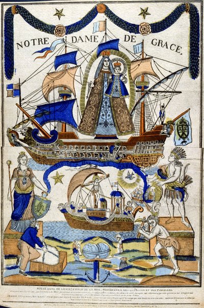 Denizcilerin ve yolcuların koruyucusu olarak İhtişamlı Madonna (Notre Dame de Grace) olarak Meryem Ana Alt yarıda Kutsal Ruh