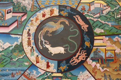 Yaşam çarkı veya Samsara çarkı (Mandala): horoz, yılan ve domuz. Kopan Manastırı, Katmandu, Nepal by Unbekannt