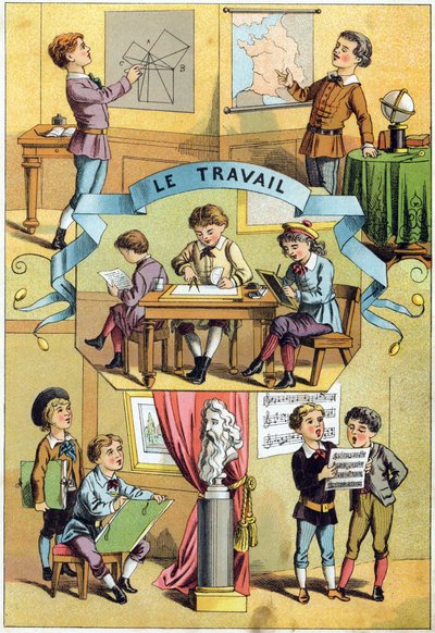 Sınıfta çalışın. "Alphabet des petits ecoliers" de gravür. Epinal
