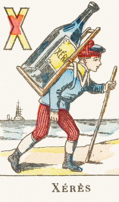 X : Xeres, bir çocuk sırtında büyük bir şişe şarap tutuyor - Oyunlar Alfabesi, 1890 dolayları (gravür) by Unbekannt