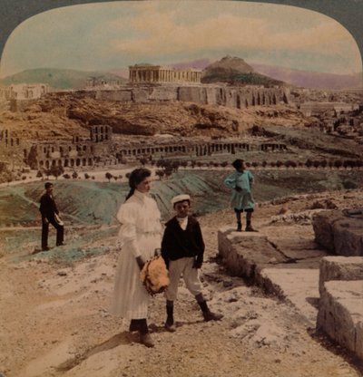 Atina Akropolü, Lycabettus ve Kraliyet Sarayı, Philopappos anıtından, 1907. Sanatçılar: Elmer Underwood, Bert Elias Underwood. by Underwood and Underwood