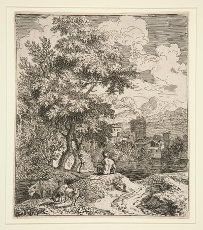 Manzarada Bir Çoban, İki Koyun ve Bir İnek by Unknown