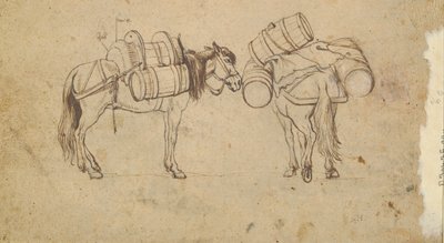 Ripa Grande yakınlarındaki Tiber'den bir görünüm, Roma (recto); Fıçı Taşıyan İki At Çalışması (verso) by Unknown