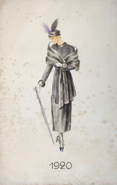 Tüylü bir palto ve şapka giyen, şemsiye taşıyan bir model, 1920 by Unknown