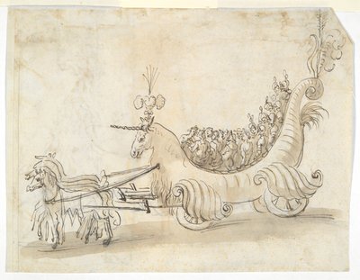 İki kostüm çalışması (rekto); Tek boynuzlu at şeklinde savaş arabası (verso) by Unknown