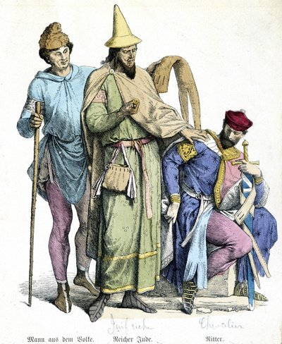 11. yüzyıl kostümleri: zengin Yahudi ve şövalye - gravür by Unknown artist