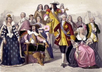1610-1774. Marie de Medici, Louis XIII, Louis XV, Marie Antoinette ve Louis XVI. 19. yüzyılın gravürü. by Unknown artist