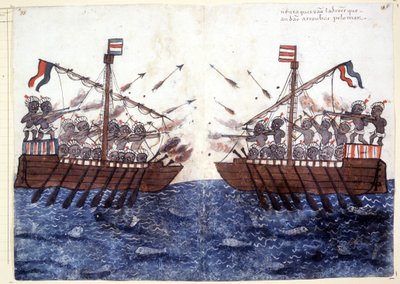 Hint Okyanusu'nda bir korsan gemisiyle karşılaşmayı betimleyen 16. yüzyıl gravürü. Roma biblioteca Casantense. by Unknown artist