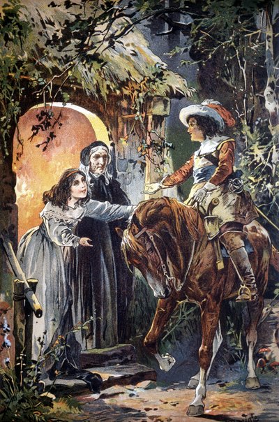 Bir çocuk masalının bir bölümünü betimleyen 19. yüzyıl illüstrasyonu: genç bir kızı ve büyükannesini ziyaret eden bir şövalye. Oymak. by Unknown artist