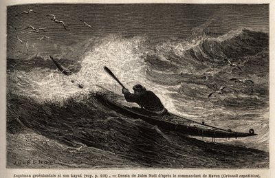 Dalga bariyerini geçen bir Grönland kanosu. Arktik kutbunun serbest denizine yapılan yolculuğu göstermek için gravür, 1860-1862
