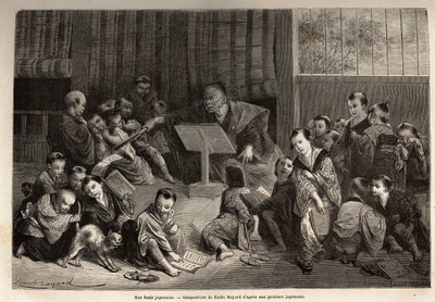 Bir Japon okulu, genç erkeklere öğretmek için, öğretmenlerinin etrafında çömelerek, alfabe ve dilbilgisinin unsurlarını ezberden okuma alıştırmaları yoluyla öğrenirler. 1863-1864