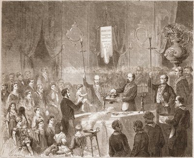 1861 yılında Fraternelle Amitive locasında bir Maconnic Vaftiz. by Unknown artist