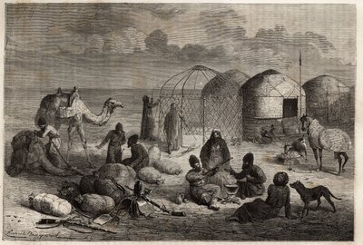 Türkistan ve İran sınırındaki Türkmen kampında, her biri ahşap kafeslerden oluşan ve üzeri keçe kaplı çadırlarda bir aile barınmaktadır. 1860 ve 1860 yılları arasında Henri de Blocqueville