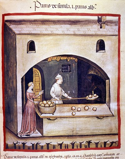 Bir fırıncı beyaz ekmek ve irmik ekmeği hazırlar. İlaç ve diyetetik sağımlarından aydınlatma “” Tacuinum sanitatis”” by Unknown artist