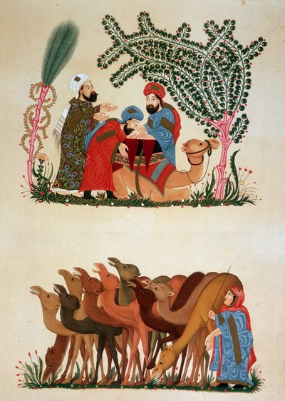 Hareket halinde bir kervan. Ebu Muhammed el-Kasim ibn Ali Hariri (veya Al-Hariri veya Al Hariri) (1054-1122) tarafından Kahire anıtlarından “Arap Sanatı”nda 13. yüzyıl “” Makamat” (Seanslar) çizimi 7. yüzyıldan 18. yüzyıla P tarafından by Unknown artist