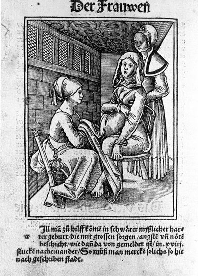 Doğum. Konrad Merkel'in “Hamile kadınlar ve ebeler Rosengarten”den sonra Xylografisi, Hagenau by Unknown artist
