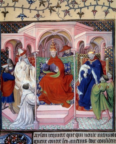 Papa Clement V (1264-1314) tarafından yönetilen bir konsey (muhtemelen bir kralın huzurunda Bel Philip). Minyatür La Fleur des histoires de la terre d'Orient”” tarafından Hayton (Haiton veya Hethoun) tarafından Paris, BN civarında 1410-1412 by Unknown artist