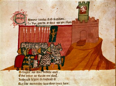 Bir grup Frank şövalyesi, “İspanya Girişi”nden Minyatür bir kaleye gelir. 14. yüzyıl Venedik, Biblioteca Marciana. by Unknown artist