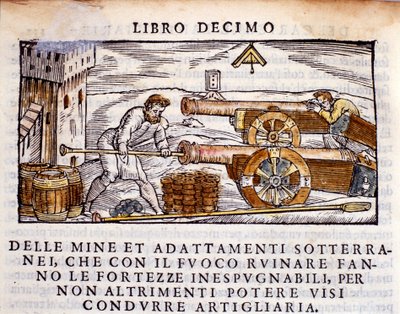 Bir topçu silahına patlayıcı yüklüyor. Vannoccio Biringuccio (1480-1539) 1550 tarafından “De la Pyrotechnia” (veya Pirotechnia) sağım metalurjisinden gravür. by Unknown artist