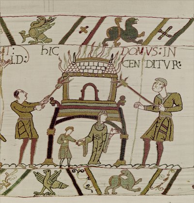 Normanlar tarafından bir ev yakıldı, Bayeux Goblen (keten üzerine yün işlemesi) by Unknown artist