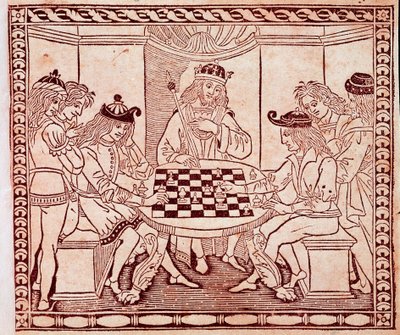 Jacopo de Cessoles (14. yüzyıl) Venedik Biblioteca Marciana'nın “De Ludo Scorcorum” adlı eserinin ön cephesinden bir satranç oyunu Xylography izleyen bir kral by Unknown artist