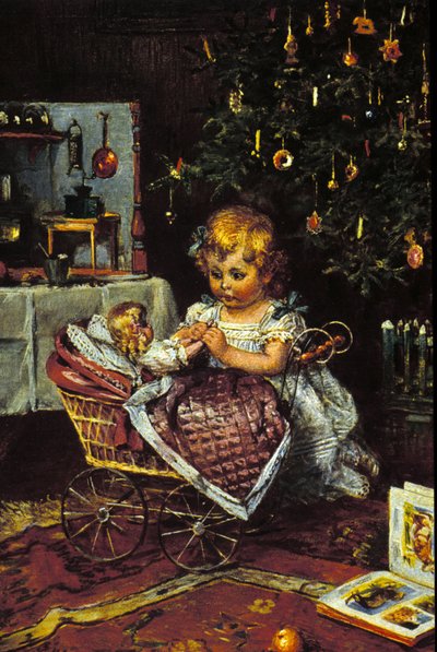 Küçük bir kız bebeği ve bebek arabasını Noel ağacının altında keşfeder. 19. yüzyıl by Unknown artist
