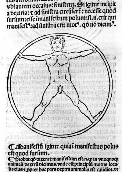 "Yoksulların Felsefesi"nin bir sayfası Büyük Albert (= Albert Magnus 1206 - 1280). Daire içinde bir adamı tasvir eden illüstrasyon. brescia 1493 by Unknown artist