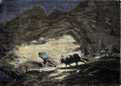Bir gemi enkazı (korsan), bir öküzün kafasına asılı bir ışık kullanarak, daha sonra kıyıya yaklaşan ve kendilerini yağmacıların kapısında bulan gemileri aldatmak için kullanır. 19. yüzyılın gravürü. by Unknown artist