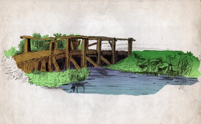 Bir nehir üzerinde küçük bir ahşap köprü (çizim, yaklaşık 1830) by Unknown artist