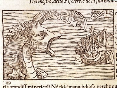 Bir sperm balinası (?) (physeter) bir gemiye saldırır. Olaus Magnus (1490 - 1557), İsveçli dindar ve coğrafyacı tarafından gravür, “Historia de Gentis Septentrionalibus”, Venedik by Unknown artist