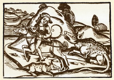 Bir gezgin, Bazilika görünümünde iki canavar kaplanla tanışır. Esope masalları (gravür, 15. yüzyıl sonu) by Unknown artist