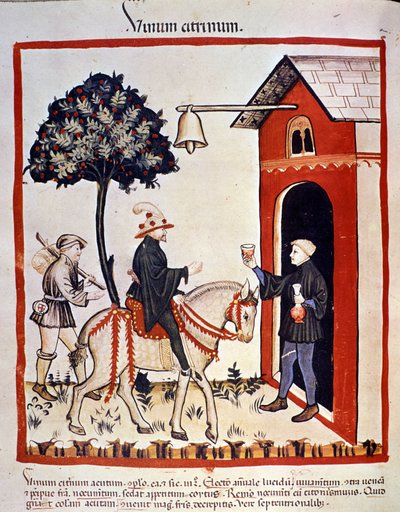 Bir misafirhanede misafir karşılanır ve bir kadeh şarap ikram edilir. İlaç ve diyetetik sağımlarından aydınlatma “” Tacuinum sanitatis”” by Unknown artist
