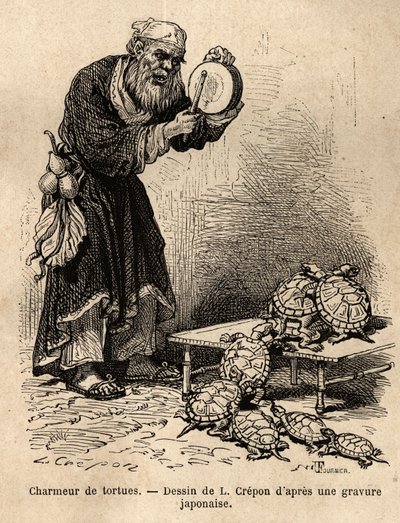 Dilenciler ve peri şarlatanları arasındaki ara reçele ait bir kaplumbağa oynatıcısı. 1863-1864