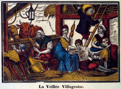 Bir köy gece hayatı: bir ahırda bir köylü ailesi. 19. yüzyılın gravürü. Paris, B.N. by Unknown artist