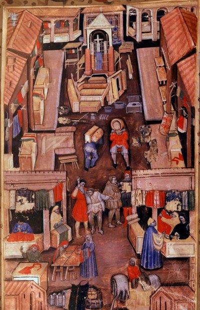 Yürüyüş: Bir Fransız kasabasında kumaşçılar, terziler, giyim satıcıları. En üstte, 15. yüzyıldan kalma bir el yazması Paris, B.N. by Unknown artist