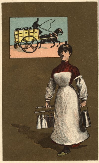 Yürüyen bir süt tüccarı (teslimat veya mandıra). Anonim kromolitografi, 19. yüzyılın sonlarında. by Unknown artist