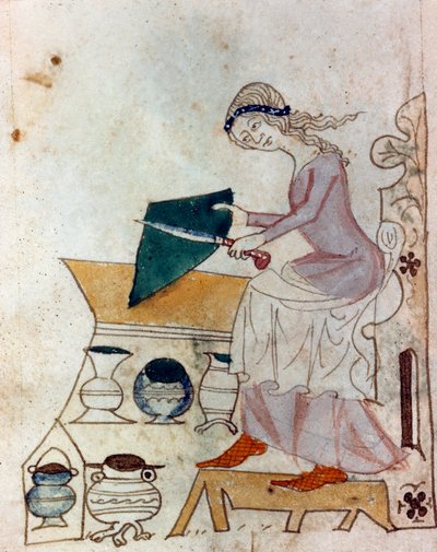 Bıçak bileyen genç bir kadın. Minyatür “” Dis des philosophes” (MS Palat. 586) 14. yüzyıl Biblioteca Nazionale Florence türündeki Provence el yazmasından alınmıştır. by Unknown artist