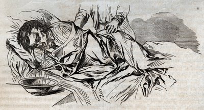 Kaza ilacı - boğulan insanlara verilecek en etkili rahatlama - yan taraftaki ceviz bezleri ve içtiği suyu kustu - “La Sante Universelle - Guide Medical des Familles” 1852