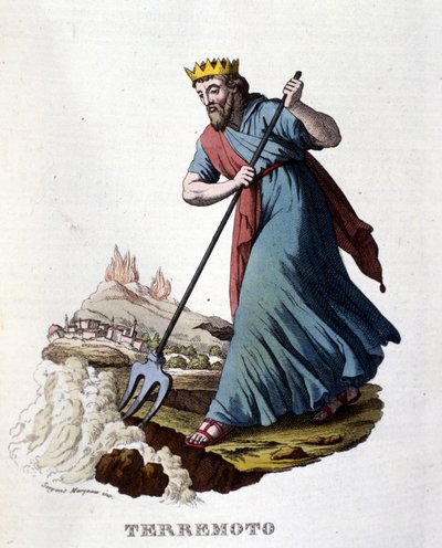 Yunan mitolojisine göre depremlere, üç dişli tridentiyle dünyayı sallayan Neptün neden olur. 19. yüzyılın gravürü. by Unknown artist