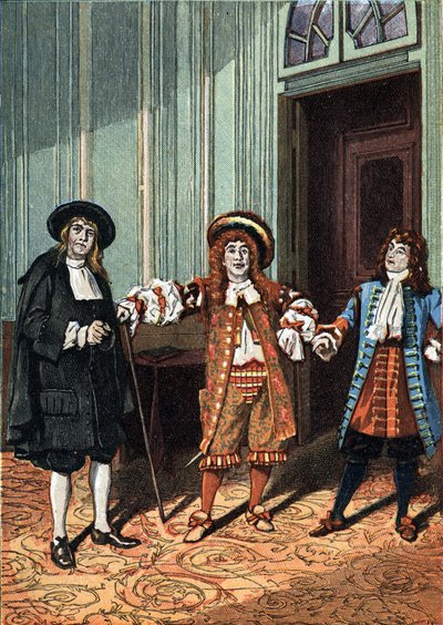 Moliere tarafından düzyazı olarak beş perdelik “Le Bourgeois Gentilhomme” komedi-balesinin II. Perdesi. Usta filozof (Bay Lenoir), dans ustası (Bay Truffier), Bay Jourdain (Bay Coquelin genç). 1890 civarında. by Unknown artist