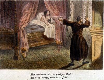 Zina: Saklanmaya çalışan şaşırmış bir keşiş ve yatakta çıplak bir kadın. Litograf sd. 19. yüzyılın başlarında. by Unknown artist
