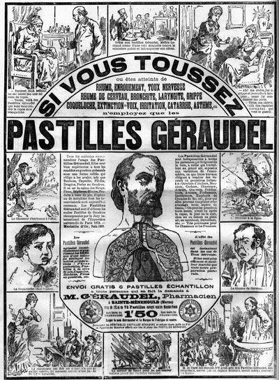 Eczacı Arthur Geraudel (1841-1906) tarafından öksürüğe karşı bir Sainte-Menehould (Sainte Menehould) tarafından Geraudel tabletleri için reklam. “Le monde şanlı” üzerine gravür by Unknown artist