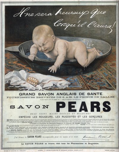 İngiliz sabunu “” Pears”” için harika İngiliz sağlık sabunu için 1889 reklamı. Banyodaki bir bebek bir kapris yapar (ağlar) ve sabunu yakalamaya çalışır. by Unknown artist
