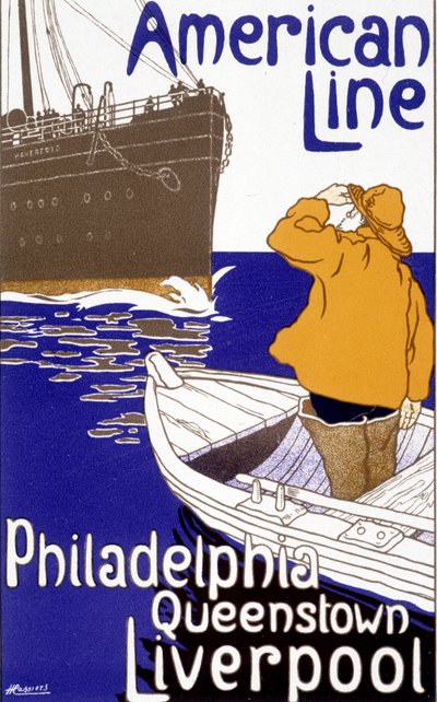 American Line “Philadelphia - Queenstown - Liverpool” için reklam afişi, “Resimli Pankart”, Brüksel by Unknown artist