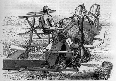 Tarım ve tarım makineleri: atlar tarafından çekilen ve tarlalardaki taş demetlerini otomatik olarak bağlayan yeni bir biçerdöver. “” La Nature” da gravür by Unknown artist